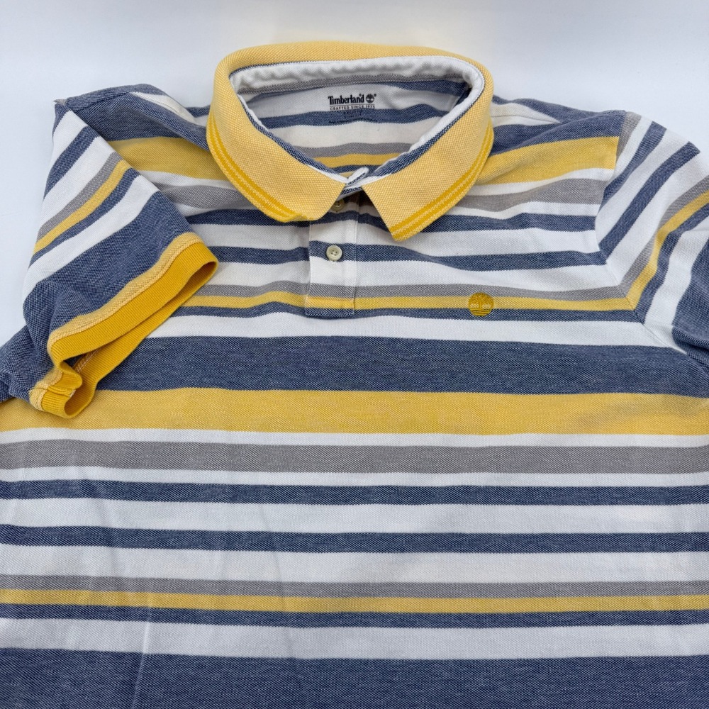 Timberland Polo Shirt Mens L Slim Fit Striped Blue Yellow Pique Cotton TB0A1KVW